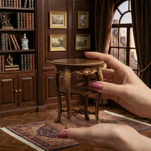 May include: A miniature round wooden side table with ornate carved legs and a small lower shelf. The table features a dark brown finish with intricate detailing along the edges of the tabletop and the curved legs, held in a pair of hands.