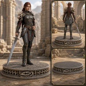 May include: A detailed figurine of a warrior in dark, scale-patterned armor with dragon-themed shoulder pauldrons, holding a long sword. The figure stands on a circular stone base featuring a carved skull motif, shown from front and back views.