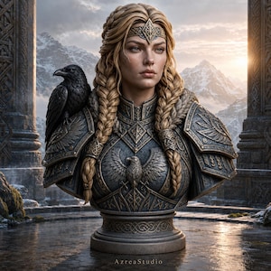 May include: A detailed bust sculpture of a person with braided blonde hair wearing ornate, dark metallic armor with an eagle emblem on the chest. A black raven is perched on the right shoulder. The base features intricate knotwork and the text AzreaStudio.