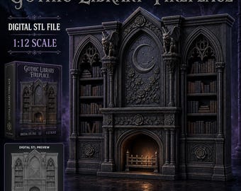 Gothic Library Fireplace STL, 1:12 Dark Academia Dollhouse Wall