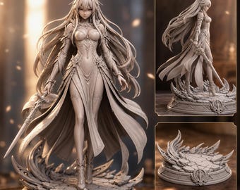Anime Female Warrior STL, 2-Piece Fantasy Figure with Base, 3D Printable Collectible Model
