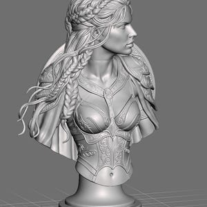 May include: A gray 3D digital model of a bust featuring a figure with braided hair and intricate armor plating on the chest and shoulders. The figure is shown from the chest up, facing to the right, with detailed scrollwork patterns on the armor.