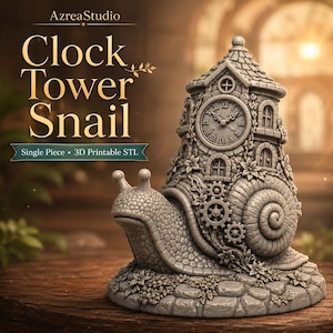 May include: A gray 3D printed figurine of a snail with a clock tower shell. The shell features a clock face with Roman numerals, arched windows, gears, and floral details. The text AzreaStudio Clock Tower Snail Single Piece 3D Printable STL is visible.