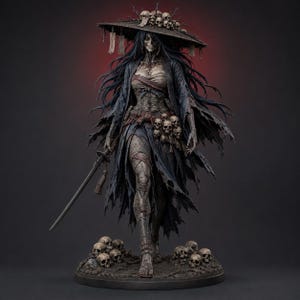 May include: A detailed figurine of a skeletal warrior wearing a tattered dark blue robe and a wide-brimmed hat adorned with skulls. The figure has long dark hair, holds a thin sword, and stands on a circular base covered in scattered human skulls.