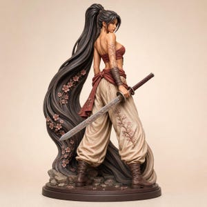 Pode incluir: Uma estatueta detalhada de um guerreiro com longos cabelos escuros, vestindo um top bordô e calças bege. A figura segura uma espada com gravuras de flores de cerejeira e está sobre uma base rochosa. O cabelo cai, decorado com pequenas flores cor-de-rosa.