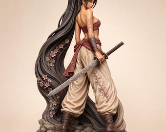Figura imprimible 3D de guerrera samurái con katana Sakura / Miniatura de fantasía