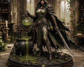 Figura de alquimista encapuchado STL, figura de guerrera bruja de pociones, estatua de fantasía de caldero para impresión 3D