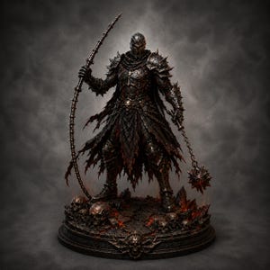 May include: A dark armored warrior figurine standing on a circular base decorated with skulls and glowing embers. The figure wears spiked black plate armor, a tattered cloak, and holds a long curved blade in one hand and a spiked flail in the other.