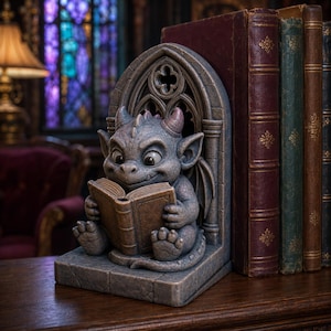 Op de afbeelding: Een steenkleurige boekensteun met een kleine, zittende draak met hoorns en vleugels die een open boek leest. De draak is geplaatst voor een gedetailleerde gotische boogstructuur, ontworpen om boeken op een plank te ondersteunen met zijn stevige voet.