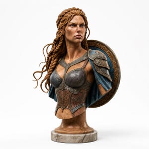 May include: A detailed bust sculpture of a warrior with long braided auburn hair, wearing intricate metallic armor with blue fabric accents. The figure is positioned in front of a circular shield with ornate gold-toned trim, all set on a marble base.