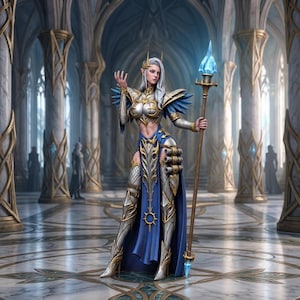 May include: A fantasy figurine of an elf-like character with long white hair, wearing silver and blue armor with gold accents. The figure holds a tall staff topped with a glowing blue crystal and stands in a pose with one hand raised.
