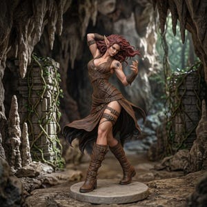 May include: A fantasy figurine of a pointed-eared character with long red hair, wearing a brown leather-style dress with multiple straps and buckles, matching tall boots, and arm cuffs, featuring a spider tattoo on the left shoulder.
