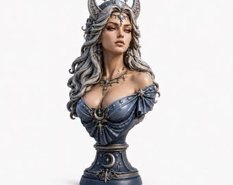 May include: A detailed bust sculpture of a figure with long wavy silver hair, wearing a blue off-the-shoulder garment adorned with star and crescent moon motifs. The figure features a headpiece with large horns, a necklace, and a pedestal base.