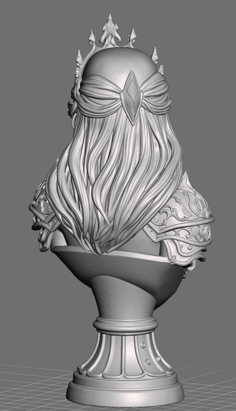 May include: A gray 3D digital model of a bust featuring a figure with long flowing hair, a crown with pointed spikes, and ornate shoulder armor. The figure is mounted on a fluted pedestal base, presented from a rear-facing perspective.