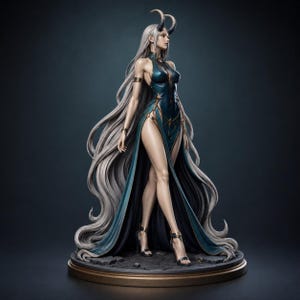 May include: A standing figurine of a horned figure with long flowing silver hair, wearing a dark teal high-slit gown with gold accents and black high-heeled sandals. The figure is positioned on a circular base with a dark, textured surface.
