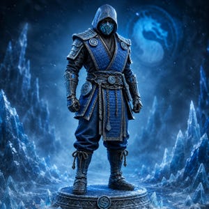 May include: A detailed figurine of a warrior wearing a blue and black hooded ninja outfit with textured armour plating, a face mask, and intricate rope ties on the boots. The figure stands on a circular stone base featuring a circular dragon emblem.