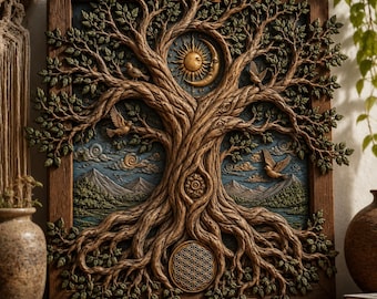 Tree of Life 3D STL Wall Art, Framed Relief Decor, Printable Boho Nature Art