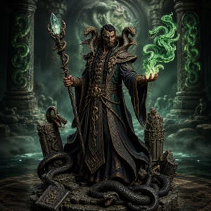 May include: A detailed figurine of a dark-haired sorcerer wearing ornate black and gold robes with snake motifs. The figure holds a staff topped with a glowing crystal and conjures green magical energy, surrounded by sculpted snakes on a stone base.
