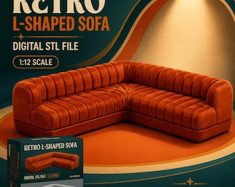 Dollhouse L Shaped Sofa STL, 1:12 Retro Sectional Furniture Digital File