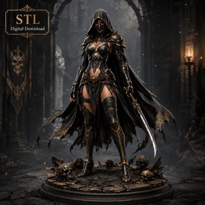 May include: A 3D digital model of a hooded warrior figure in black and gold ornate armor, holding a curved blade. The figure stands on a circular base decorated with skulls. The image includes the text STL Digital Download in the corner.