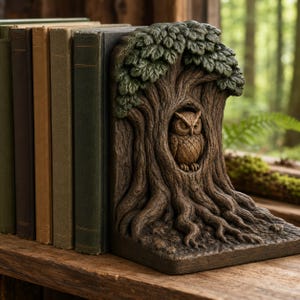Può includere: Un fermalibri in resina marrone e verde a forma di tronco d'albero con un centro cavo contenente un gufo scolpito. L'albero presenta una corteccia strutturata, radici esposte alla base e una chioma di foglie verdi, posizionato accanto a cinque libri.