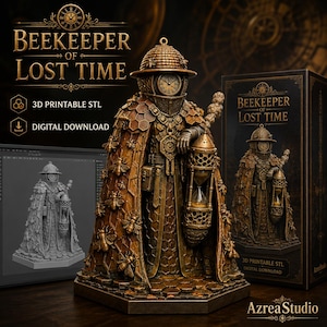 May include: A 3D printable digital file titled Beekeeper of Lost Time, featuring a figure in a honeycomb-patterned cloak and hat with bees, holding an hourglass lantern. The design includes a clock face on the head and text reading 3D Printable STL.