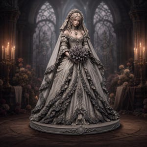 Könnte beinhalten: Eine detaillierte Figur einer Person in einem voluminösen, schulterfreien Kleid mit aufwendigen Spitzenrüschen und passendem Schleier. Die Figur hält einen großen Rosenstrauß und steht auf einem runden, verzierten Sockel in Grautönen.