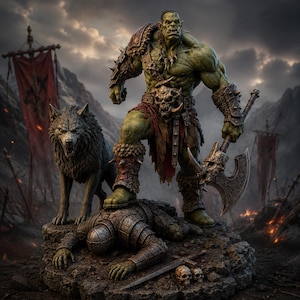 May include: A muscular green-skinned orc warrior figurine standing over a fallen armored figure, accompanied by a grey wolf. The orc wears spiked leather armor, a skull-adorned belt, and holds a large battle axe. Two small skulls lie nearby.