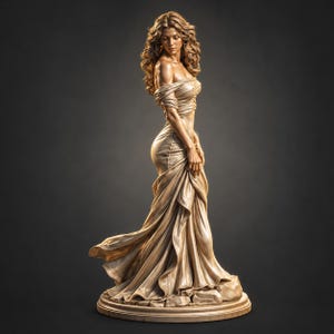Puede incluir: Una escultura de tono bronce de una figura con cabello largo y ondulado, que viste un vestido de hombros descubiertos con tela drapeada que se acumula en la base. La figura se encuentra sobre una plataforma circular, mirando hacia abajo.