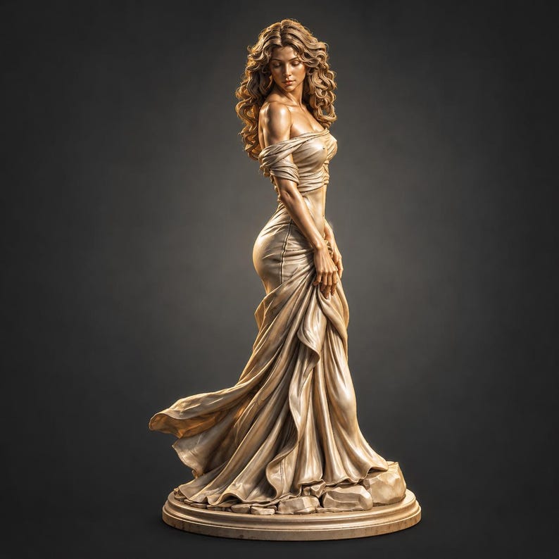 Puede incluir: Una escultura de tono bronce de una figura con cabello largo y ondulado, que viste un vestido de hombros descubiertos con tela drapeada que se acumula en la base. La figura se encuentra sobre una plataforma circular, mirando hacia abajo.