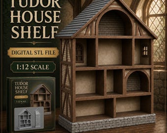 House Shaped Shelf STL, 1:12 Tudor Dollhouse Display Cabinet Digital File