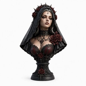 May include: A decorative bust sculpture featuring a figure wearing a black lace veil adorned with dark red roses and a spiked crown. The figure wears a dark red and black corset with intricate lace detailing, a choker, and a pendant necklace.