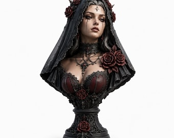 Gothic Bride Bust STL, Rose Veil Fantasy Female 3D Print Model