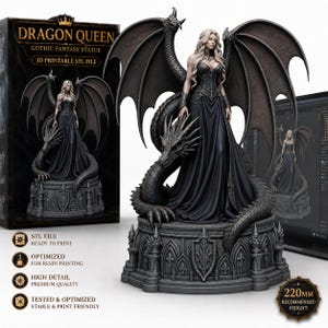 Dragon Queen STL, 3D-afdrukbaar beeldje Gothic Fantasy, verzamelfiguur hars