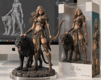 Archivo STL de arquero elfo, estatua de compañero pantera, figura de cazador de fantasía