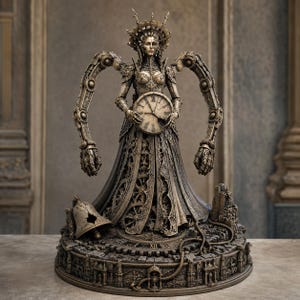 Pode incluir: Uma escultura em tom de bronze de uma figura usando uma coroa e um vestido integrado com engrenagens mecânicas. A figura segura um mostrador de relógio circular, apresenta dois grandes braços mecânicos articulados e repousa sobre uma base com um sino rachado.