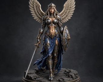 Archivo STL de Guerrero Ángel Alado, Figura de Valquiria Fantástica con Base, Modelo Imprimible en 3D de 2 Piezas