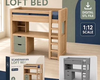 Dollhouse Loft Bed STL, 1:12 Scandinavian Bunk Desk Furniture Digital File