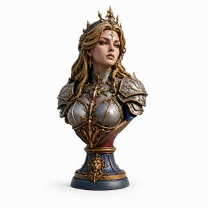 May include: A detailed bust sculpture of a figure with long blonde hair wearing an ornate crown and intricate silver and gold armor with blue accents. The base features a prominent gold lion head emblem set against a dark blue and gold pedestal.