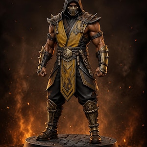 May include: A detailed figurine of a warrior wearing a black and yellow hooded outfit with a metallic mask. The character features spiked shoulder armor, forearm guards, and shin plates, standing on a circular base against a dark, fiery background.