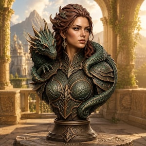 May include: A detailed bust sculpture of a person with auburn hair wearing ornate, dark green and bronze-toned scale-patterned armor. A small, textured green dragon with gold accents is coiled around the shoulders and neck of the figure.