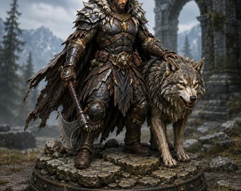 Wolf Companion Warrior STL, Fur Cloak Ranger Figurine, Beastmaster 3D Print Statue