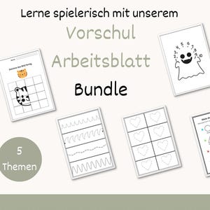 Könnte beinhalten: Ein digitales Vorschul-Arbeitsblatt-Bundle mit Lernaktivitäten wie einem Tiger-Zeichnungsraster, einem nummerierten Geister-Punkt-zu-Punkt-Bild, Linien-Nachspurübungen, Herz-Formen zum Nachspuren und einer Seite zum Ausmalen von Formen.