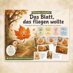 Peut inclure: Un ensemble d'histoires Kamishibai intitulé Das Blatt, das fliegen wollte illustrant une scène d'automne avec une feuille d'érable souriante et un hérisson. Le kit comprend 10 cartes illustrées, un texte narratif et un téléchargement PDF.
