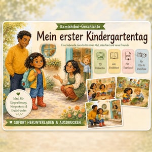 Op de afbeelding: Een Kamishibai-verhalenset getiteld Mein erster Kindergartentag met illustraties van kinderen en volwassenen. De set bevat 10 prentkaarten, verhalende tekst en een PDF-download voor de kleuterschool met scènes uit het dagelijks leven.