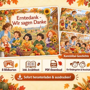 Könnte beinhalten: Ein Kamishibai-Geschichtenset mit dem Titel Erntedank - Wir sagen Danke mit Illustrationen von Kindern bei der Herbsternte. Enthält 8 Bildkarten, Erzähltext und eine PDF-Download-Option für Kindergarten und Vorschule.