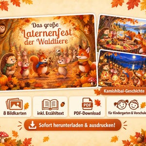 Könnte beinhalten: Ein digitales Kamishibai-Geschichten-Set mit dem Titel Das große Laternenfest der Waldtiere mit Illustrationen von Waldtieren im Herbst. Enthält 8 Bildkarten, Erzähltext und PDF-Download-Optionen für Kindergarten und Vorschule.