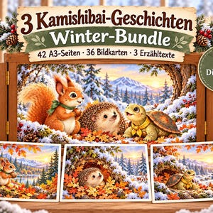 Puede incluir: Un paquete digital PDF Kamishibai de invierno con 42 páginas A3, 36 tarjetas ilustradas y 3 textos. Incluye dibujos de una ardilla, un erizo y una tortuga en un bosque nevado, presentados dentro de un marco de madera con detalles de pino.