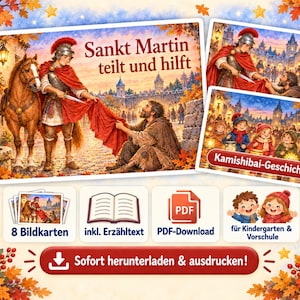 Pode incluir: Um conjunto digital de cartões com a história de São Martinho, ilustrando um soldado a cavalo a partilhar uma capa vermelha com uma pessoa necessitada, com o texto Sankt Martin teilt und hilft, Kamishibai-Geschichte, 8 Bildkarten, inkl. Erzähltext, PDF-Download, für Kindergarten & Vorschule, e Sofort herunterladen & ausdrucken.