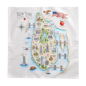New York City Illustrated Map Tablecloth, Manhattan Landmarks Map | NY Skyline Table Cover